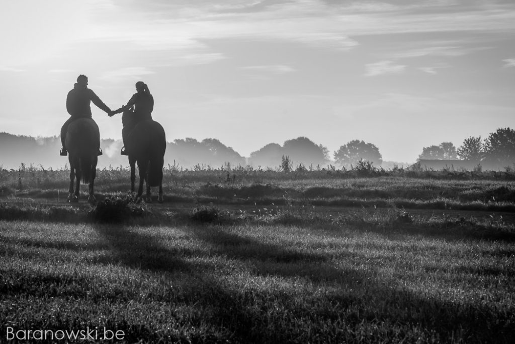 Koppel photoshoot met paarden - zwart-wit